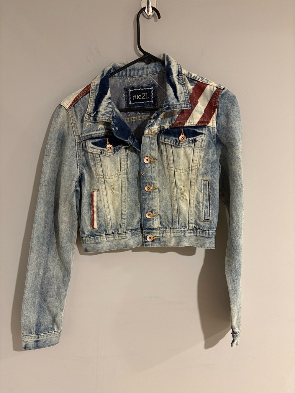 rue21 American Flag Denim Jacket Women’s M Cropped Distressed Americana